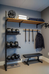 Home gym setup with weights, bench, and storage in a minimalist design for effective workouts. Generative AI