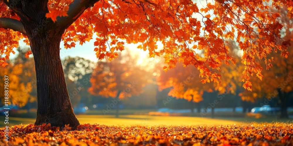 Poster vibrant fall leaves adorn a tree in the park, creating a stunning display of autumn colors. the tree