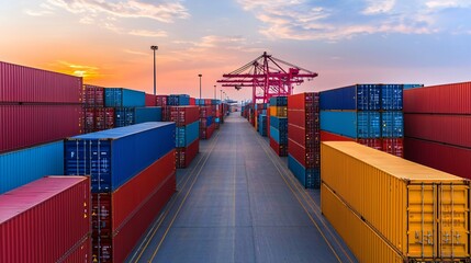 Colorful shipping containers at sunset in a port.