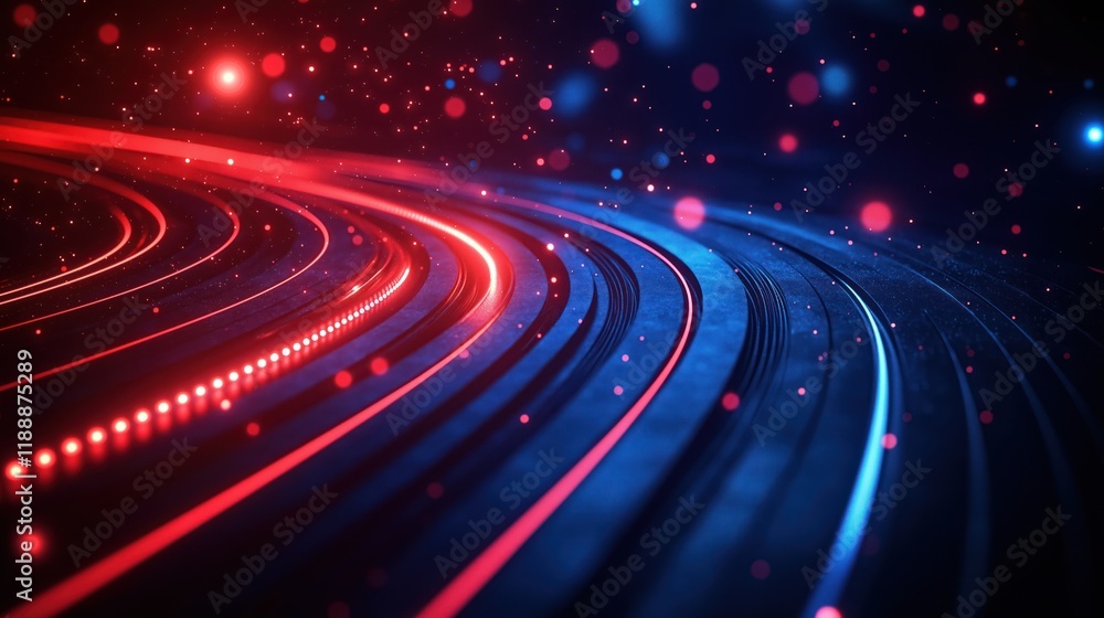 Poster abstract futuristic design with overlapping layers of blue, red. circular, striped shapes create dyn