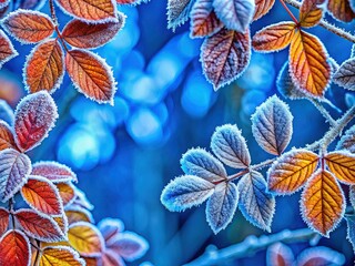 Winter Wonderland: Frost-Covered Leaves Frame on Blue Background
