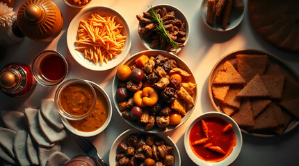 A beautiful and a cheerful family eating Iftar or Suhoor served in Ramadan.