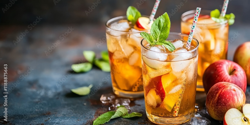 Aufkleber refreshing cold apple tea served with ice and a straw in a studio setting, highlighting the vibrant 
