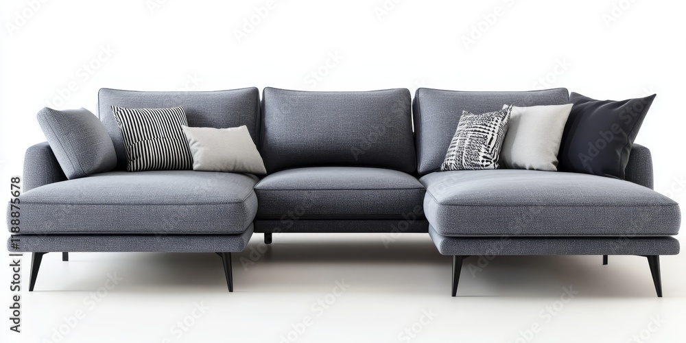 Poster contemporary gray l shaped couch accompanied by cushions set against a white backdrop, complete with