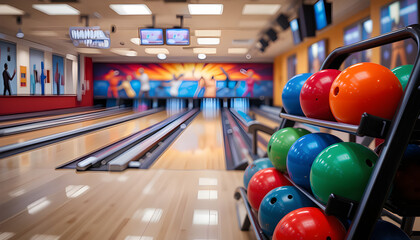 Colorful bowling balls on a rack in a vibrant bowling alley ready for play at a lively entertainment center