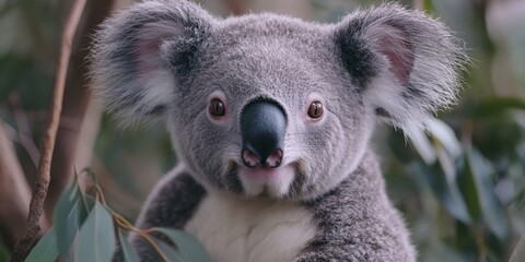 Obraz premium A koala gazes intently at the camera, embodying the essence of conservation and environmental protection, capturing a focused and hopeful moment that draws attention to wildlife preservation.