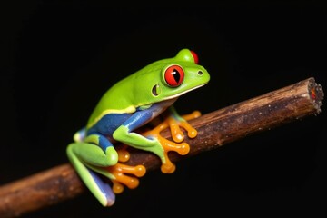 Naklejka premium Vibrant Red-Eyed Tree Frog Clinging to Wood