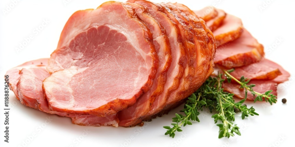 Poster savory pork ham displayed as a delicacy on a clean white background, showcasing the rich texture and