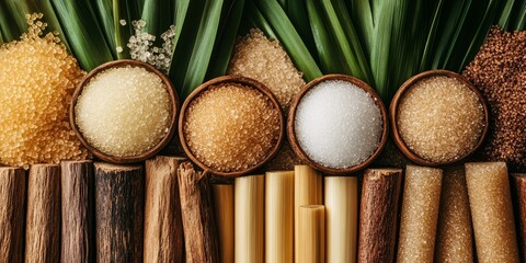 Different types of sugar are showcased, including brown sugar, reed sugar, sugar cane, and cane. Explore the diverse sugar options like brown sugar and cane in this vibrant collection.