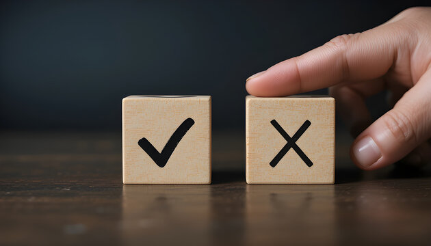 Decision making process with wooden cubes showing check and cross symbols on a dark surface