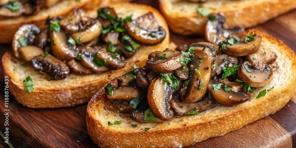 Poster Crispy fried baguette slices topped with savory mushrooms, aromatic garlic, and flavorful herbs create a delectable dish. Enjoy the delightful combination of fried baguette slices and rich toppings.