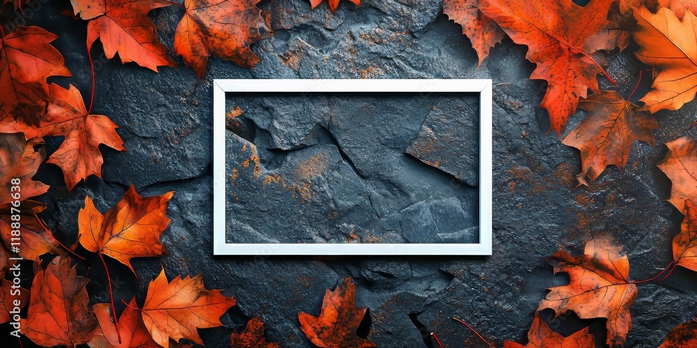 Poster Halloween themed border background with a flat lay design. A white banner frame rests atop a stone surface, surrounded by orange and red autumn leaves, creating an empty space for text.
