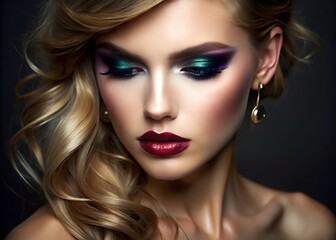 Fototapeta premium Glamorous makeup look on young caucasian female with bold eyeshadow and flawless skin