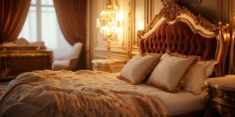 A lavishly designed vintage bed featuring exquisite gold details, enhancing the opulent atmosphere of an elegant bedroom decor.