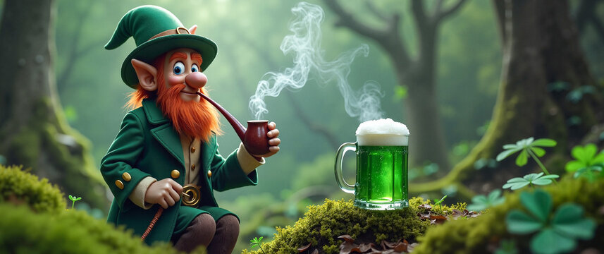 Mischievous leprechaun smoking pipe in enchanted forest, festive spirit. St. Patrick's Day Banner or Greeting Card