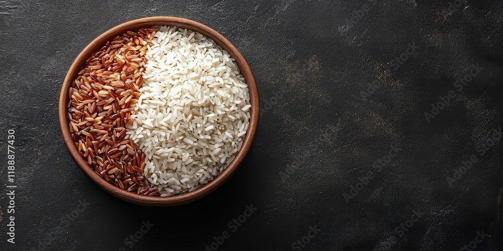 Poster organic rice and mixed rice are elegantly displayed in a bowl against a striking black background. t