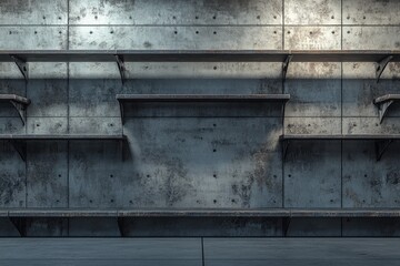 A wall with industrial shelves, a concrete wall, a gray metal background, a floor, the wall has cracks, an empty space for product display,