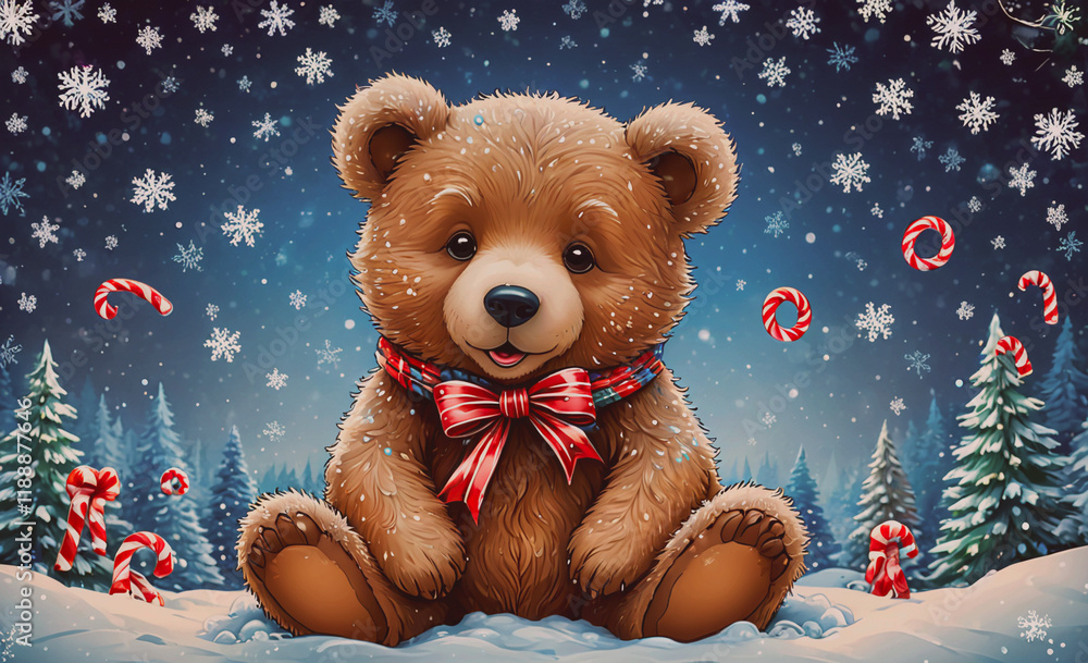Aufkleber teddy bear is sitting in the snow with a red ribbon around its neck. there are also some candy canes