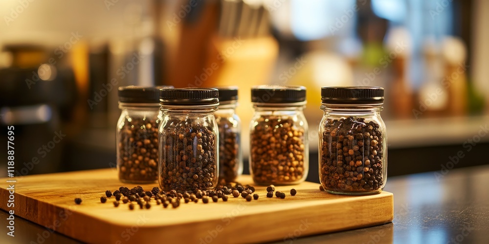 Aufkleber pepper showcased in a glass jar resting on a cutting board in the kitchen. the image features sprink