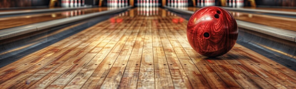 Bowling ball sitting on the floor in a bowling alley, sport background, banner, copy space