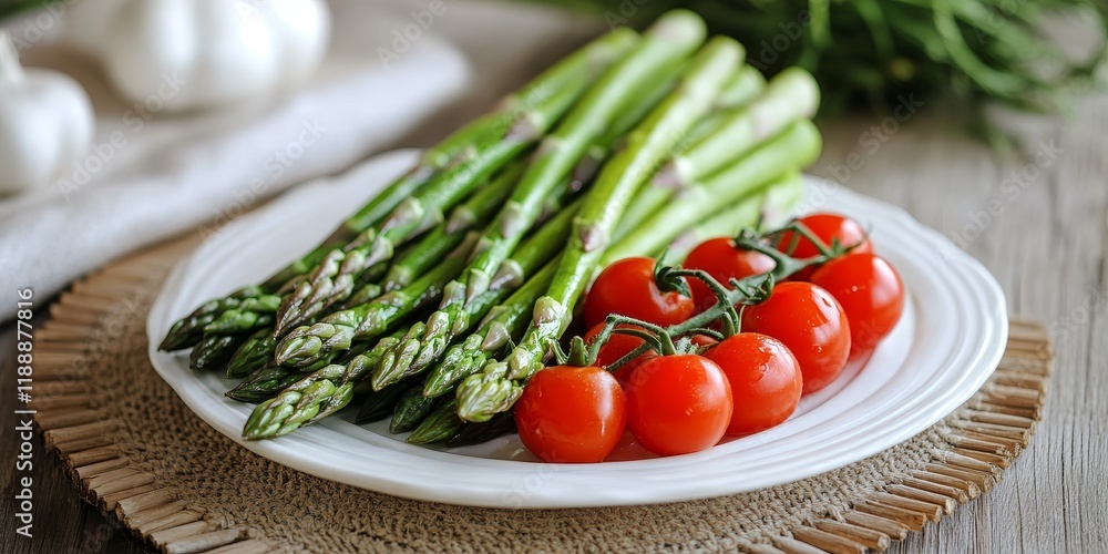 Poster asparagus and cherry tomatoes beautifully arranged on a white saucer, complemented by a rustic woode