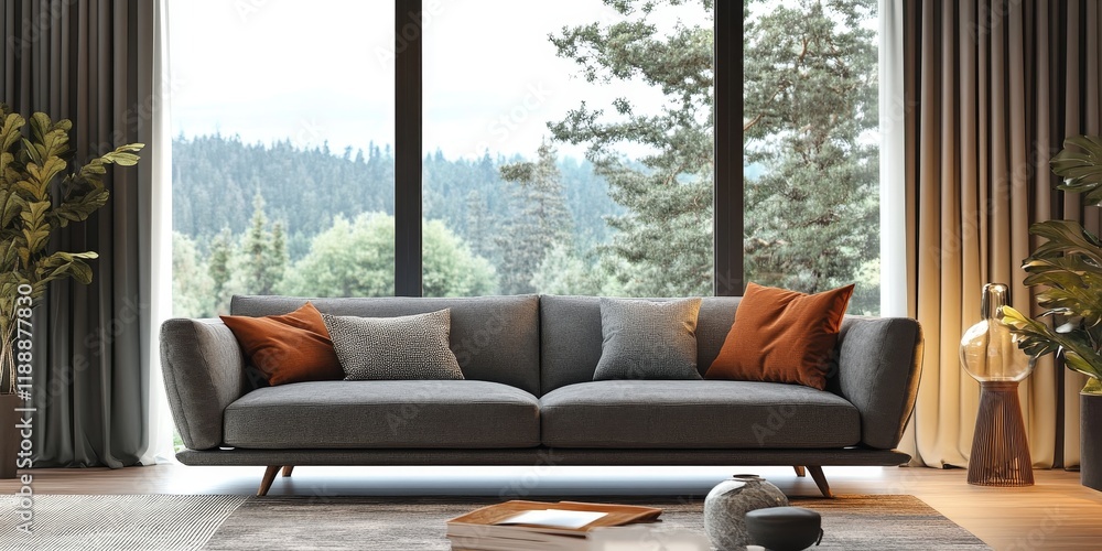 Poster Cozy grey sofa with an intelligent design positioned near a window, showcasing a cold color scheme that enhances the ambiance of the space. This cozy grey sofa invites relaxation and style.