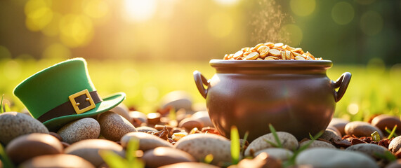 Lucky pot of gold beside stones with Leprechaun hat, St. Patrick's symbolism. St. Patrick's Day Banner or Greeting Card