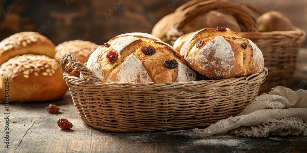 Poster freshly baked bread adorned with dried fruits rests elegantly on a rustic table. savory buns complem