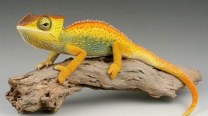 Fototapeta premium Vibrant yellow chameleon perched on weathered driftwood against a neutral background.