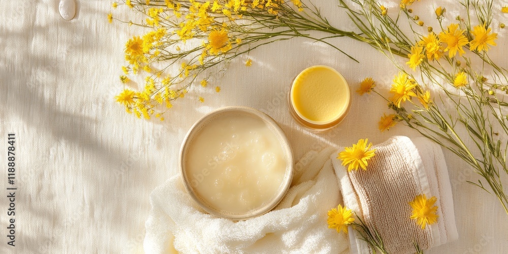 Poster serene nature inspired yellow spa setting featuring wildflowers and a selection of day spa cosmetics