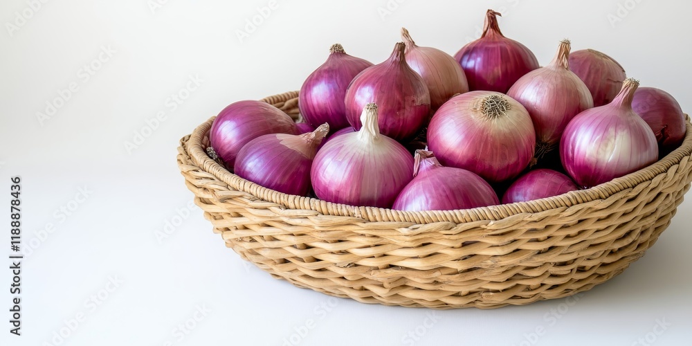 Poster closeup of a wicker basket filled with fresh raw onions, showcasing the vibrant textures and colors 