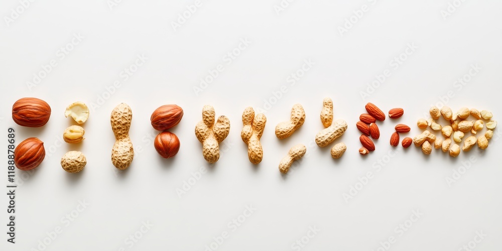 Poster Evolution of peanuts showcased from their shelled nut form to the peeled variety. This visual representation of peanuts highlights the evolution of peanuts in a unique way against a white backdrop.