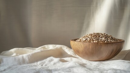 Wooden bowl filled with spelt grain on a white fabric. Perfect for healthy eating, cooking, or agriculture concepts.