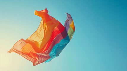 Pride Flag on a Sunny Day: A vibrant rainbow pride flag fluttering in the breeze against a clear blue sky, symbolizing diversity and acceptance.