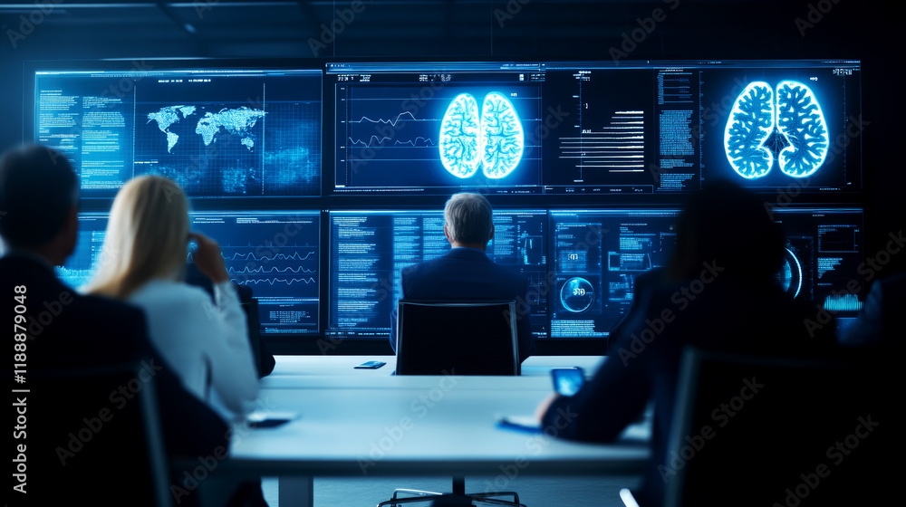 Poster analyzing brain activity data high-tech laboratory research presentation modern workspace profession