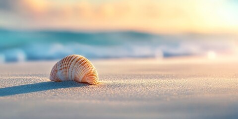 Obraz premium Sea shell resting on sandy beach by the seashore, beautifully highlighted against the morning sea, featuring a captivating shallow depth of field that emphasizes the sea shell.