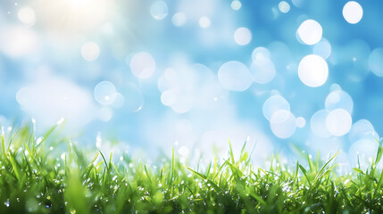 Obraz premium World Environment Day theme illustrated with green grass and a blue sky, enhanced by a bokeh effect.