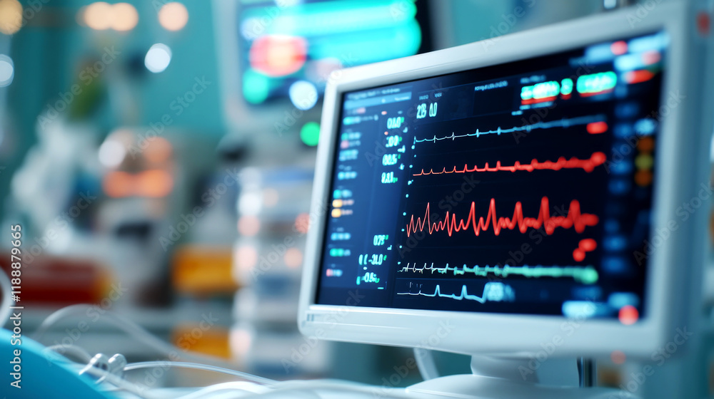 Poster monitoring critical health data in a hospital setting medical equipment digital interface high-tech 