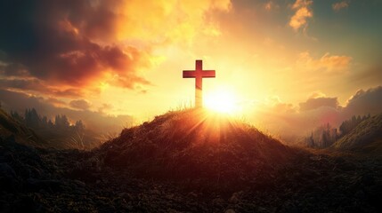 Wooden cross at sunrise on a grassy hill with easter theme