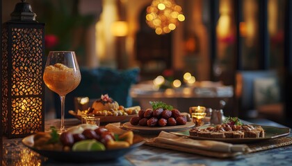 iftar meal during Ramadan, beautifully arranged with a variety of foods and a focal point of succulent dates on a decorative platter