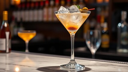 Well presented martini glass with ice and two olives in tall elegant stemmed glass, drink, bar, sophisticated