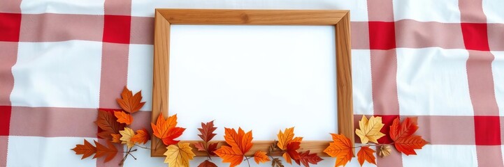 White board in frame with autumn-themed picnic cloth menu design background, wooden frame, frame, menu