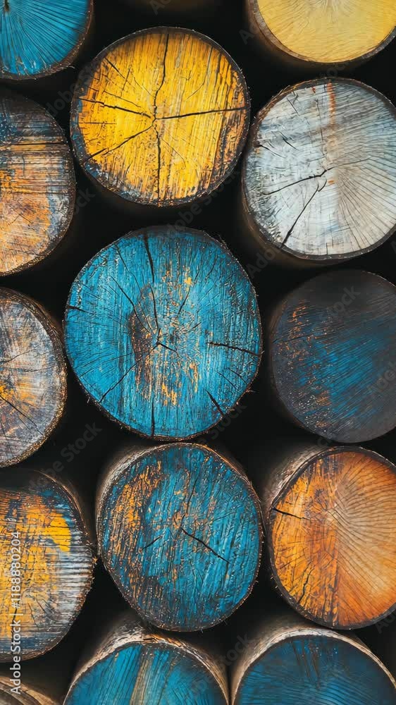 Poster colorful timber logs stacked creatively in a unique arrangement showcasing distinct textures and hue