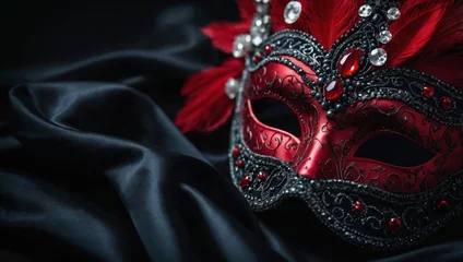 Gordijnen red Venetian mask on black silk, space for text, carnival in Venice, Italy © Анастасия Макевич