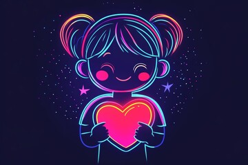 Fototapeta premium A cute little girl holding a heart-shaped icon, neon lights , valentine's day