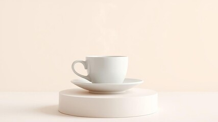 White coffee cup on saucer on beige pedestals, soft background, steam rising, saucer, coffee cup, white