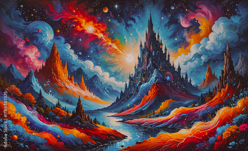 Poster colorful painting of a mountain range with a castle in the middle. the castle is surrounded by trees