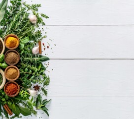 Fresh herbs, aromatic spices, wooden spoons, colorful powders, circular composition, white background, culinary ingredients, green leaves, rosemary sprigs, basil, peppercorns, turmeric powder, paprika