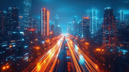 Fototapeta premium Futuristic cityscape at night. Urban innovation. High-tech infrastructure. Neon lights illuminate skyscrapers. Traffic flows on highway. Long exposure shows motion. Modern architecture. City