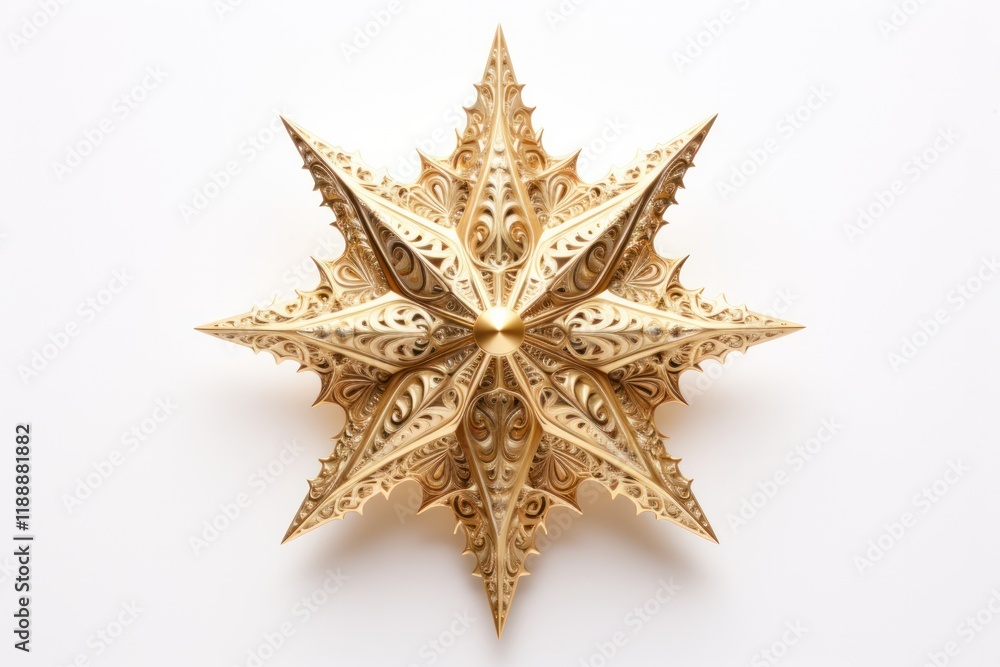 Poster a close-up view of a golden star with intricate textures and shimmering details, reflecting light fr